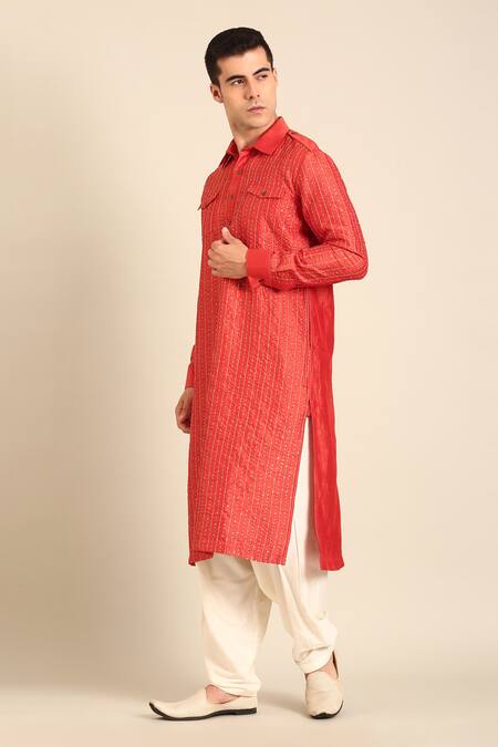 Buy_Mayank Modi - Men_Rust Silk, Bemberg Orange Kurta Set _Online_at_Aza_Fashions