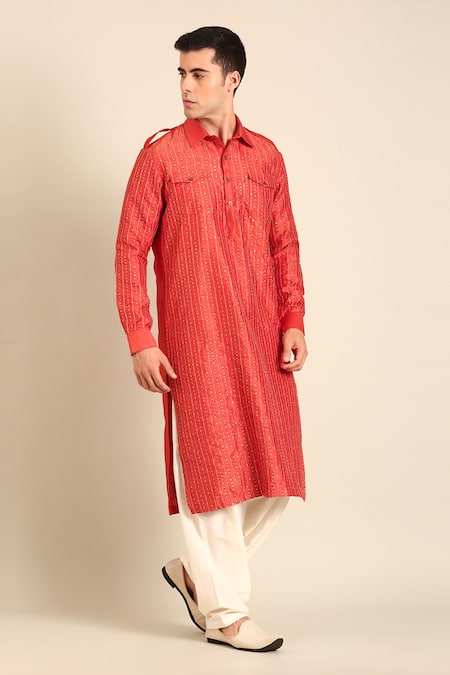 Shop_Mayank Modi - Men_Rust Silk, Bemberg Orange Kurta Set _Online_at_Aza_Fashions