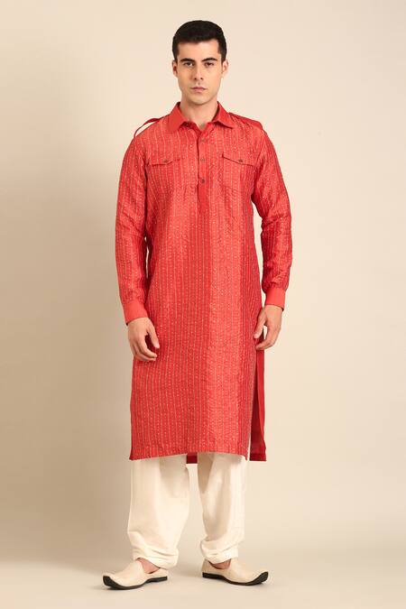 Mayank Modi - Men_Rust Silk, Bemberg Orange Kurta Set _at_Aza_Fashions