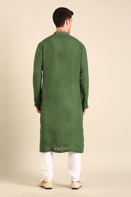 Mayank Modi - Men Designer Green Linen Kurta  