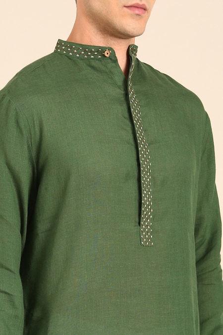 Mayank Modi - Men_Green Linen Embroidery Designer Kurta _Online_at_Aza_Fashions