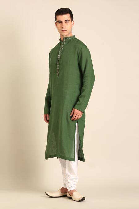 Buy_Mayank Modi - Men_Green Linen Embroidery Designer Kurta _Online_at_Aza_Fashions