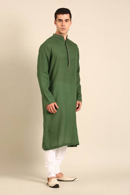Shop_Mayank Modi - Men_Green Linen Embroidery Designer Kurta _Online_at_Aza_Fashions