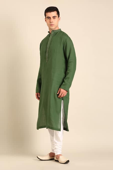 Mayank Modi - Men_Green Linen Embroidery Designer Kurta _at_Aza_Fashions