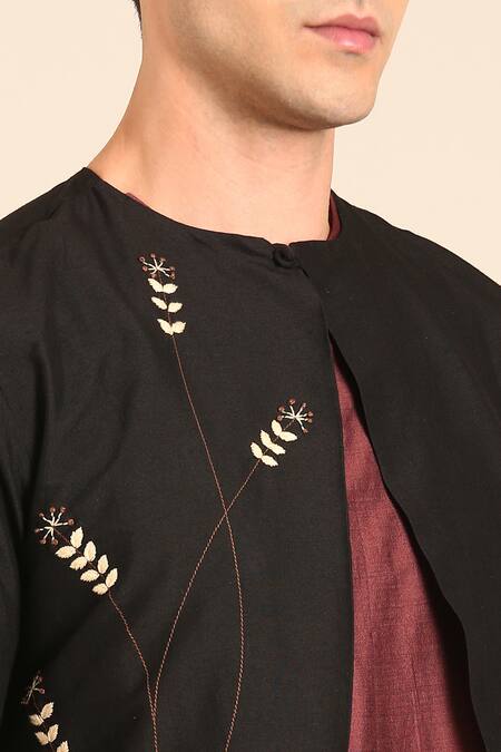 Mayank Modi - Men_Black Silk, Cotton Embroidery Black-brown Kurta _Online_at_Aza_Fashions