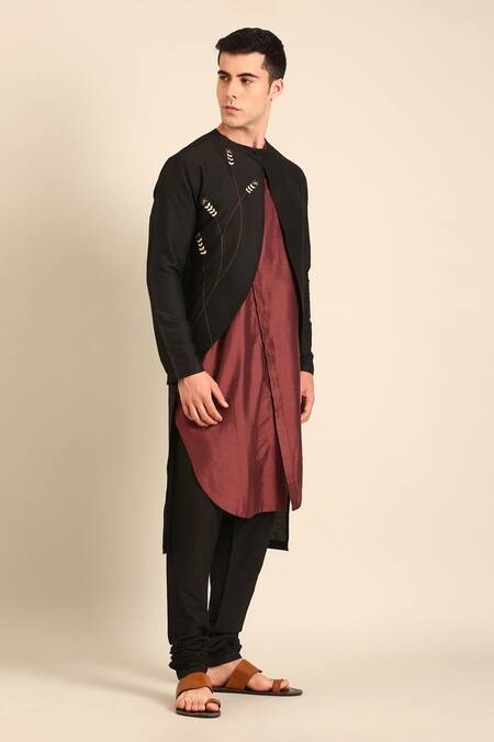 Buy_Mayank Modi - Men_Black Silk, Cotton Embroidery Black-brown Kurta _Online_at_Aza_Fashions