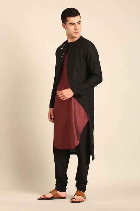 Shop_Mayank Modi - Men_Black Silk, Cotton Embroidery Black-brown Kurta _Online_at_Aza_Fashions