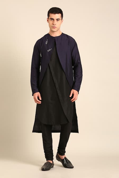 Mayank Modi - Men Blue Silk, Cotton Embroidery Blue-black Kurta