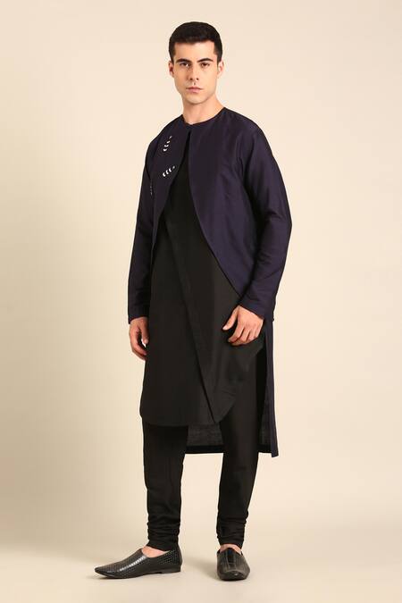 Mayank Modi - Men_Blue Silk, Cotton Embroidery Blue-black Kurta _Online_at_Aza_Fashions