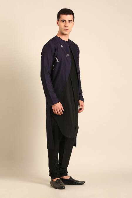 Buy_Mayank Modi - Men_Blue Silk, Cotton Embroidery Blue-black Kurta _Online_at_Aza_Fashions
