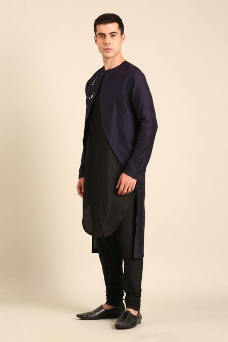 Shop_Mayank Modi - Men_Blue Silk, Cotton Embroidery Blue-black Kurta _Online_at_Aza_Fashions