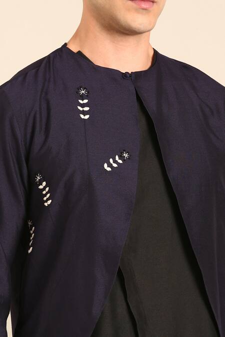 Buy_Mayank Modi - Men_Blue Silk, Cotton Embroidery Blue-black Kurta 