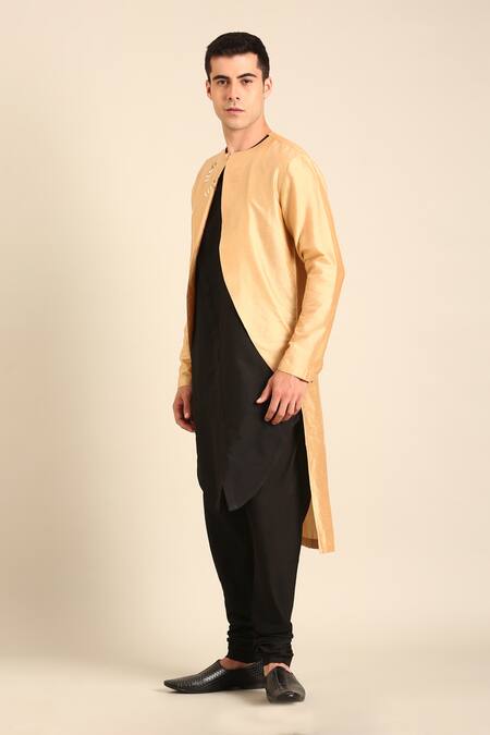 Mayank Modi - Men_Gold Silk, Cotton Embroidery Gold-black Kurta _Online_at_Aza_Fashions