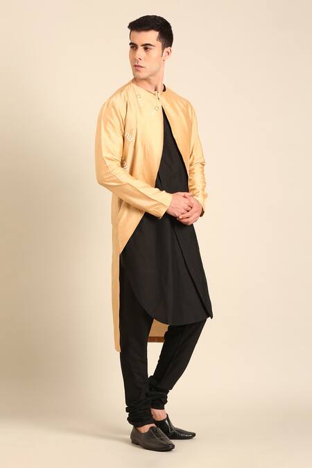 Shop_Mayank Modi - Men_Gold Silk, Cotton Embroidery Gold-black Kurta _Online_at_Aza_Fashions