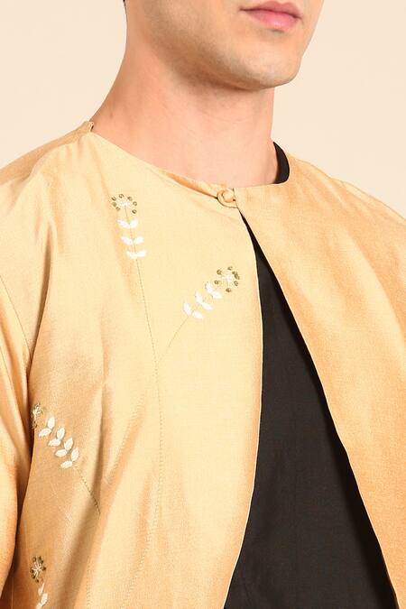 Mayank Modi - Men_Gold Silk, Cotton Embroidery Gold-black Kurta _at_Aza_Fashions