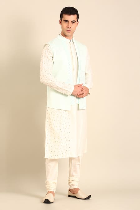 Mayank Modi - Men_Blue Silk, Bemberg Embroidery Short Open Nehru Jacket _Online_at_Aza_Fashions