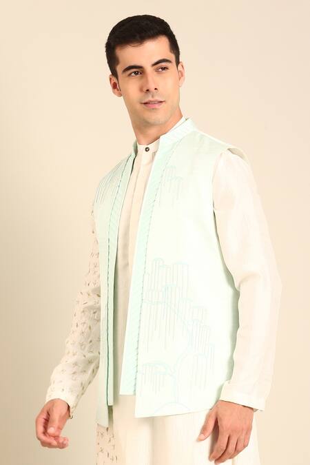 Buy_Mayank Modi - Men_Blue Silk, Bemberg Embroidery Short Open Nehru Jacket _Online_at_Aza_Fashions