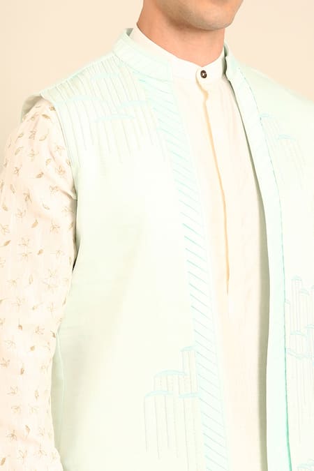 Mayank Modi - Men_Blue Silk, Bemberg Embroidery Short Open Nehru Jacket _at_Aza_Fashions