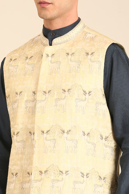 Mayank Modi - Men Gold Silk, Jacquard Embroidery Green-gold Nehru Jacket at Aza Fashions Mayank Modi - Men_Gold Silk, Jacquard Embroidery Green-gold Nehru Jacket _at_Aza_Fashions