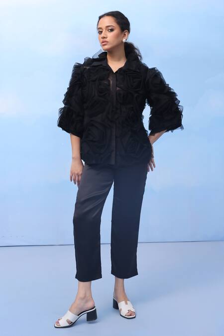 Couché By Anandini_Black Silk Organza Collared Twisted Rose Shirt _Online_at_Aza_Fashions