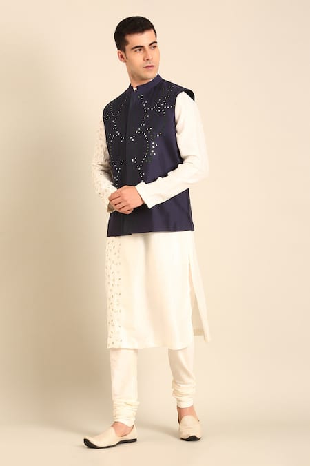 Mayank Modi - Men Blue Silk, Cotton Embroidery Nehru Jacket 