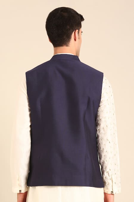 Mayank Modi - Men Blue Silk Cotton Nehru Jacket 