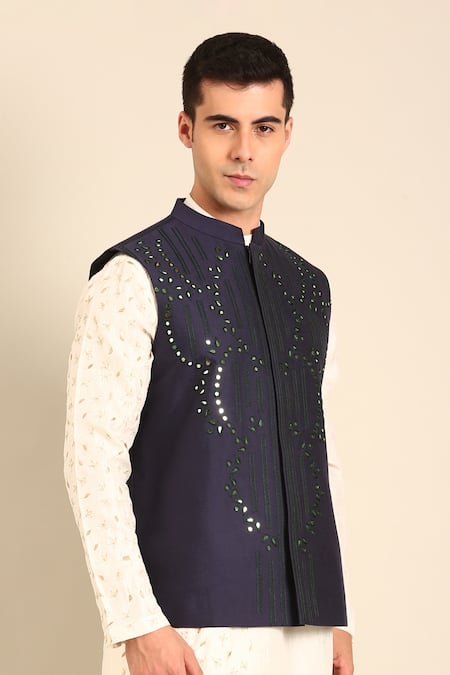 Mayank Modi - Men Blue Silk, Cotton Embroidery Nehru Jacket Online at Aza Fashions Mayank Modi - Men_Blue Silk, Cotton Embroidery Nehru Jacket _Online_at_Aza_Fashions