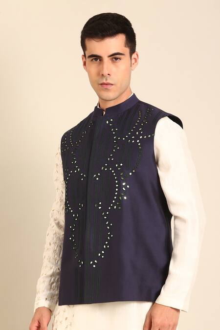 Buy Mayank Modi - Men Blue Silk, Cotton Embroidery Nehru Jacket Online at Aza Fashions Buy_Mayank Modi - Men_Blue Silk, Cotton Embroidery Nehru Jacket _Online_at_Aza_Fashions
