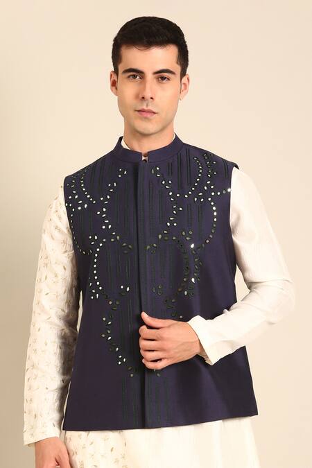Shop Mayank Modi - Men Blue Silk, Cotton Embroidery Nehru Jacket Online at Aza Fashions Shop_Mayank Modi - Men_Blue Silk, Cotton Embroidery Nehru Jacket _Online_at_Aza_Fashions