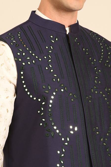 Mayank Modi - Men Blue Silk, Cotton Embroidery Nehru Jacket at Aza Fashions Mayank Modi - Men_Blue Silk, Cotton Embroidery Nehru Jacket _at_Aza_Fashions