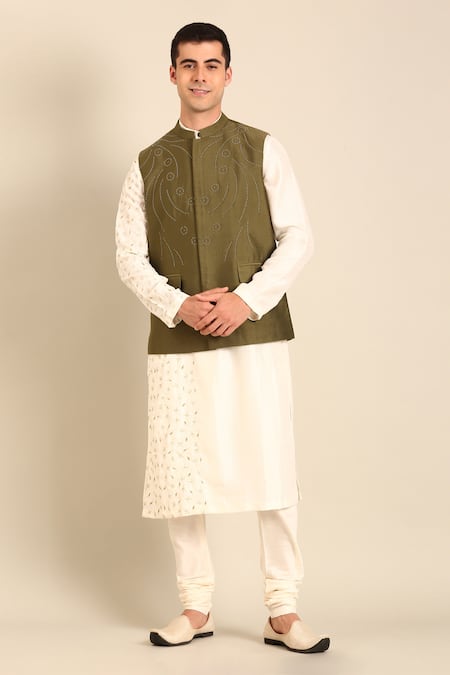 Mayank Modi - Men Green Silk, Cotton Embroidery Designer Nehru Jacket 
