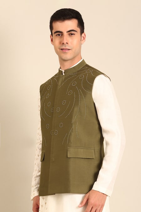 Mayank Modi - Men Green Silk, Cotton Embroidery Designer Nehru Jacket Online at Aza Fashions Mayank Modi - Men_Green Silk, Cotton Embroidery Designer Nehru Jacket _Online_at_Aza_Fashions