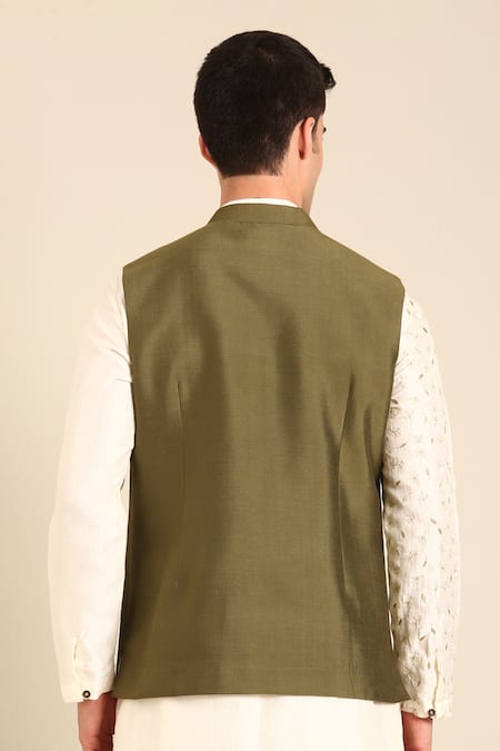 Mayank Modi - Men Designer Green Silk Cotton Nehru Jacket 