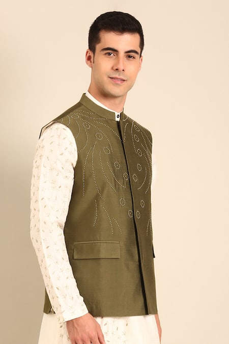 Buy Mayank Modi - Men Green Silk, Cotton Embroidery Designer Nehru Jacket Online at Aza Fashions Buy_Mayank Modi - Men_Green Silk, Cotton Embroidery Designer Nehru Jacket _Online_at_Aza_Fashions