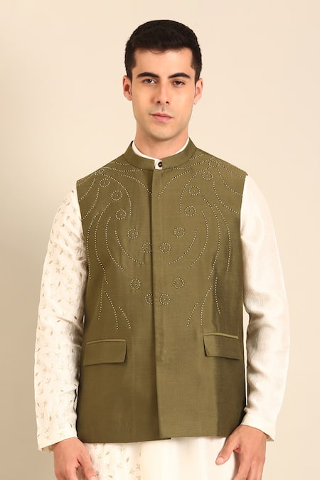 Shop Mayank Modi - Men Green Silk, Cotton Embroidery Designer Nehru Jacket Online at Aza Fashions Shop_Mayank Modi - Men_Green Silk, Cotton Embroidery Designer Nehru Jacket _Online_at_Aza_Fashions
