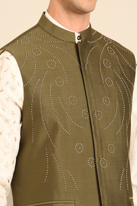 Mayank Modi - Men Green Silk, Cotton Embroidery Designer Nehru Jacket at Aza Fashions Mayank Modi - Men_Green Silk, Cotton Embroidery Designer Nehru Jacket _at_Aza_Fashions