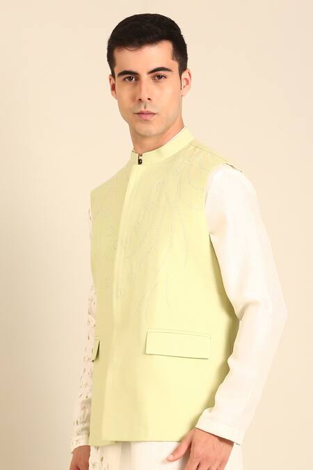 Mayank Modi - Men_Green Silk, Cotton Embroidery Pista Nehru Jacket _Online_at_Aza_Fashions