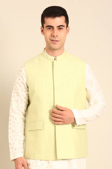 Buy_Mayank Modi - Men_Green Silk, Cotton Embroidery Pista Nehru Jacket _Online_at_Aza_Fashions