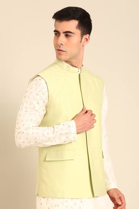 Shop_Mayank Modi - Men_Green Silk, Cotton Embroidery Pista Nehru Jacket _Online_at_Aza_Fashions