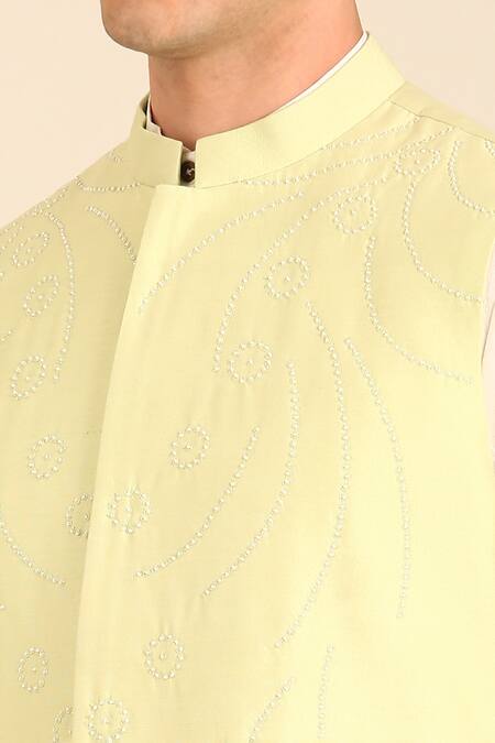 Mayank Modi - Men_Green Silk, Cotton Embroidery Pista Nehru Jacket _at_Aza_Fashions