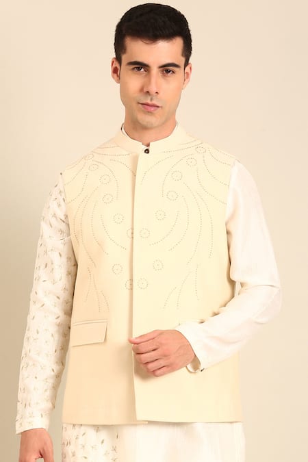 Mayank Modi - Men Beige Silk Cotton Nehru Jacket 