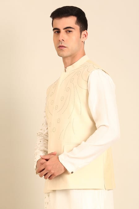 Mayank Modi - Men Beige Silk, Cotton Embroidery Nehru Jacket Online at Aza Fashions Mayank Modi - Men_Beige Silk, Cotton Embroidery Nehru Jacket _Online_at_Aza_Fashions
