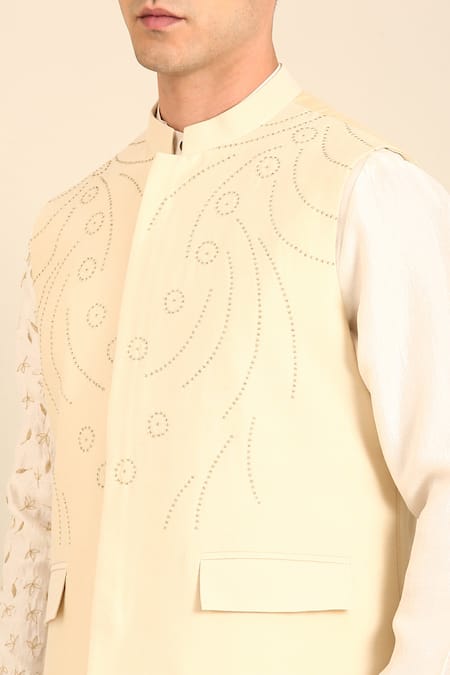 Shop Mayank Modi - Men Beige Silk, Cotton Embroidery Nehru Jacket Online at Aza Fashions Shop_Mayank Modi - Men_Beige Silk, Cotton Embroidery Nehru Jacket _Online_at_Aza_Fashions