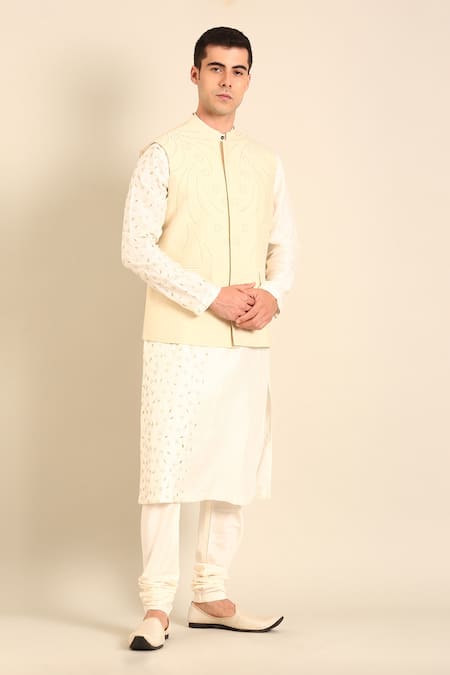 Mayank Modi - Men Beige Silk, Cotton Embroidery Nehru Jacket at Aza Fashions Mayank Modi - Men_Beige Silk, Cotton Embroidery Nehru Jacket _at_Aza_Fashions