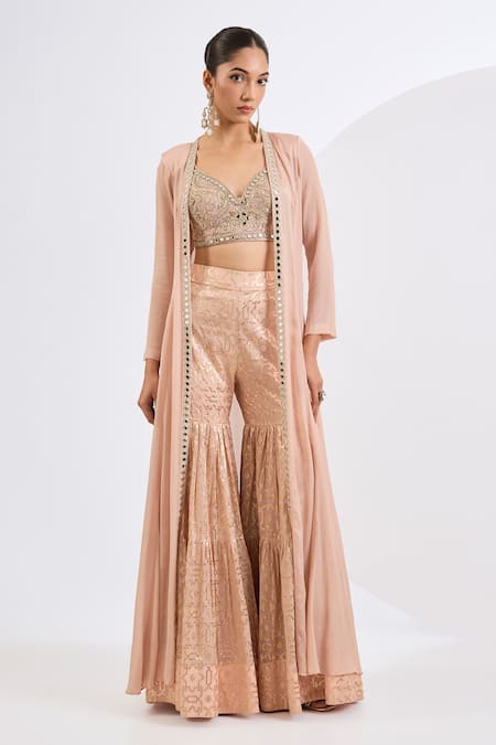 Neha Khullar Blush Chanderi, Chinon, Chiffon Mirrors, Pearls, Hand Embroidered Gharara Set 