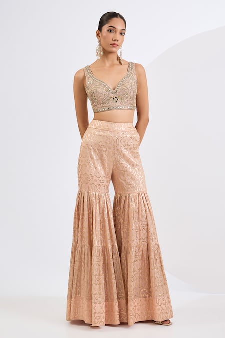 Neha Khullar_Blush Chanderi, Chinon, Chiffon Mirrors, Pearls, Hand Embroidered Gharara Set _Online_at_Aza_Fashions