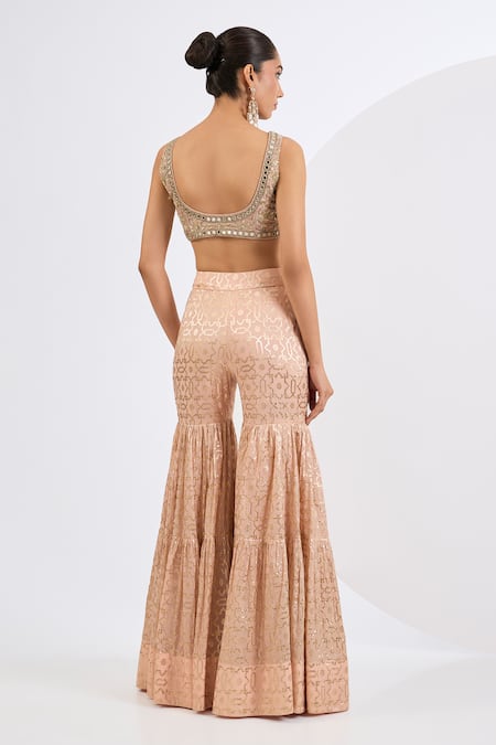 Buy_Neha Khullar_Blush Chanderi, Chinon, Chiffon Mirrors, Pearls, Hand Embroidered Gharara Set _Online_at_Aza_Fashions