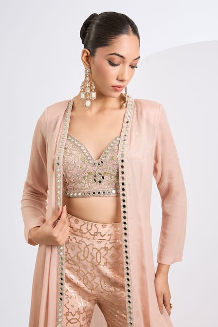 Shop_Neha Khullar_Blush Chanderi, Chinon, Chiffon Mirrors, Pearls, Hand Embroidered Gharara Set _Online_at_Aza_Fashions