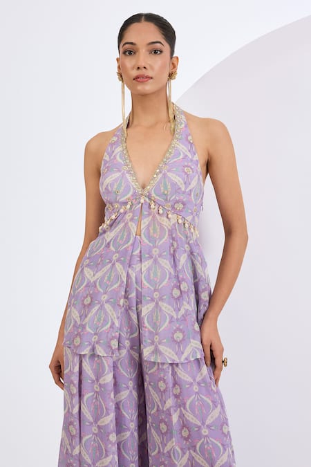 Buy_Neha Khullar_Lilac Viscose, Chinon Pearls, Beads, Mirrors Mosaic Print Kurta Sharara Set _Online_at_Aza_Fashions