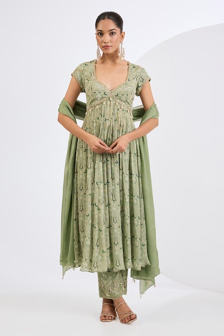 Neha Khullar Green Viscose, Chinon Embroidery, Beads V-neck Mosaic Print Anarkali Set 